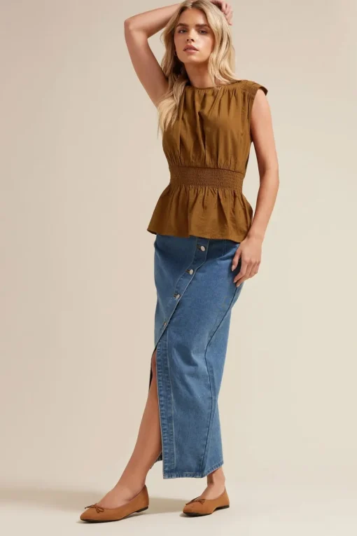 Pixiegirl Petite Brown Woven Shirred Waist Top