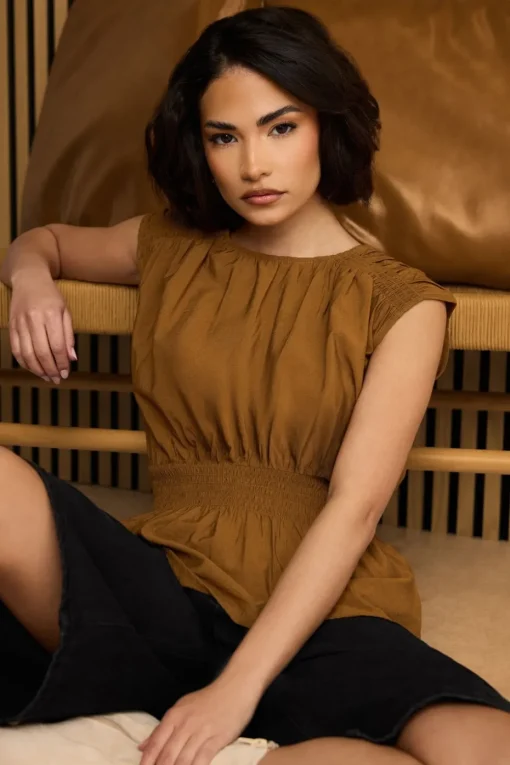 Pixiegirl Petite Brown Woven Shirred Waist Top