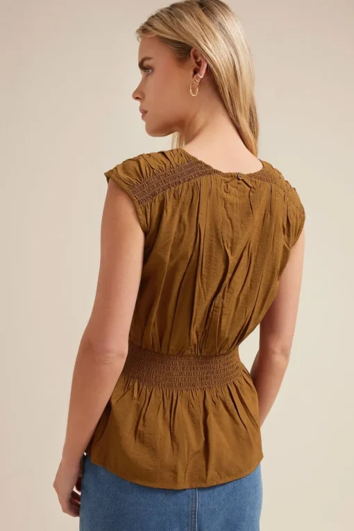 Pixiegirl Petite Brown Woven Shirred Waist Top