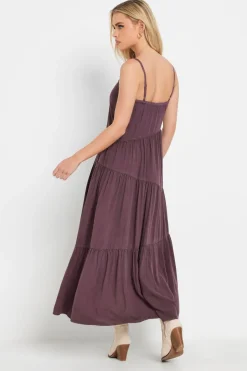 Pixiegirl Petite Burgundy Red Acid Wash Asymmetric Tiered Maxi Dress