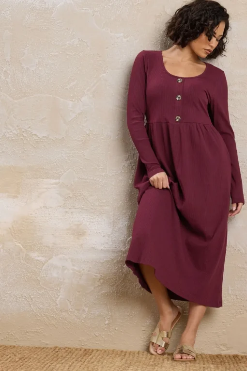Pixiegirl Petite Burgundy Red Ribbed Button Midaxi Dress