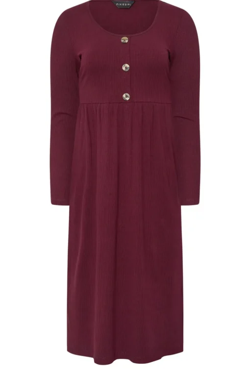 Pixiegirl Petite Burgundy Red Ribbed Button Midaxi Dress