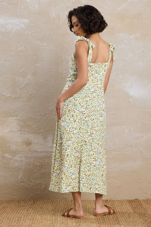 Pixiegirl Petite Green Ditsy Floral Tie Shoulder Midi Dress