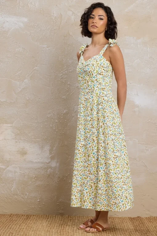 Pixiegirl Petite Green Ditsy Floral Tie Shoulder Midi Dress