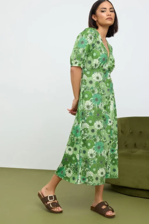 Pixiegirl Petite Green Floral Print Midi Tea Dress