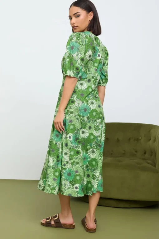 Pixiegirl Petite Green Floral Print Midi Tea Dress