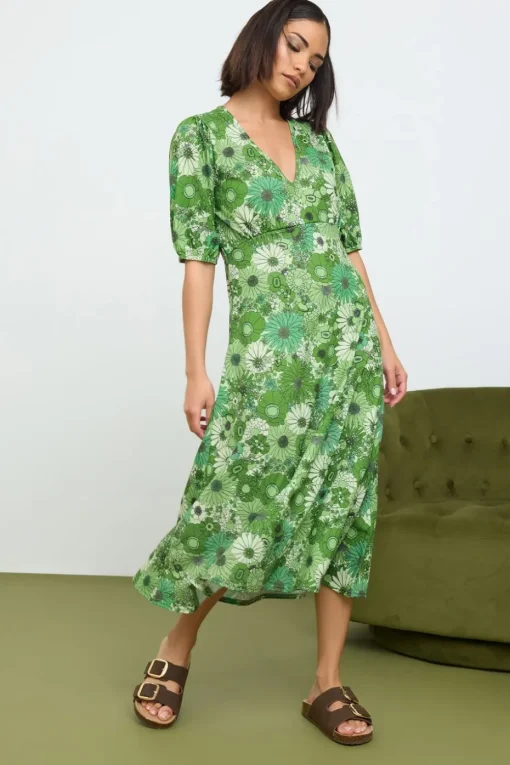 Pixiegirl Petite Green Floral Print Midi Tea Dress