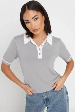 Pixiegirl Petite Grey Knit Contrast Polo Shirt