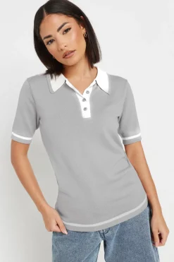 Pixiegirl Petite Grey Knit Contrast Polo Shirt
