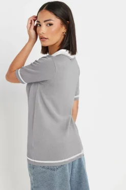 Pixiegirl Petite Grey Knit Contrast Polo Shirt