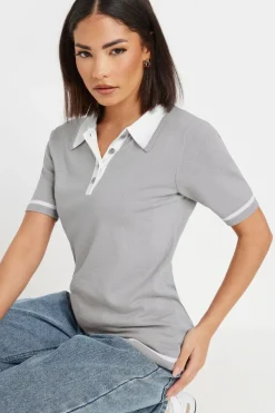 Pixiegirl Petite Grey Knit Contrast Polo Shirt