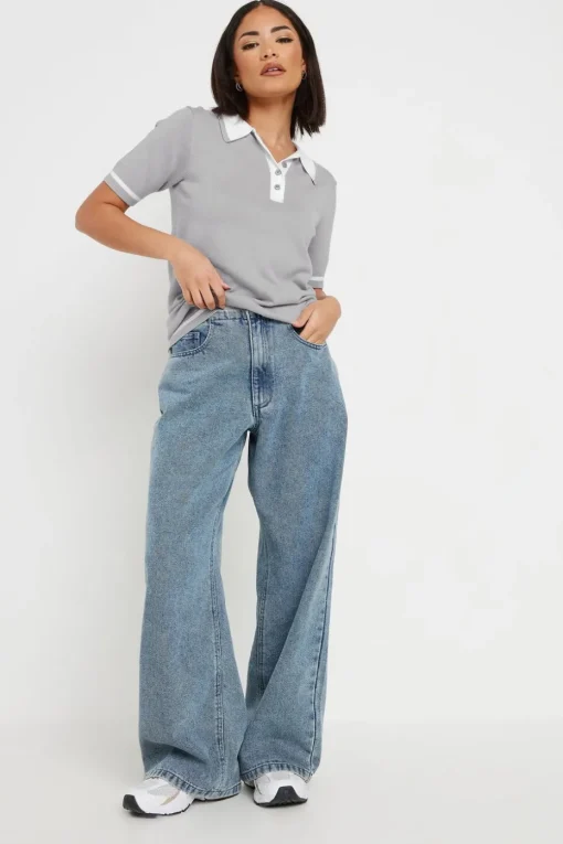 Pixiegirl Petite Grey Knit Contrast Polo Shirt