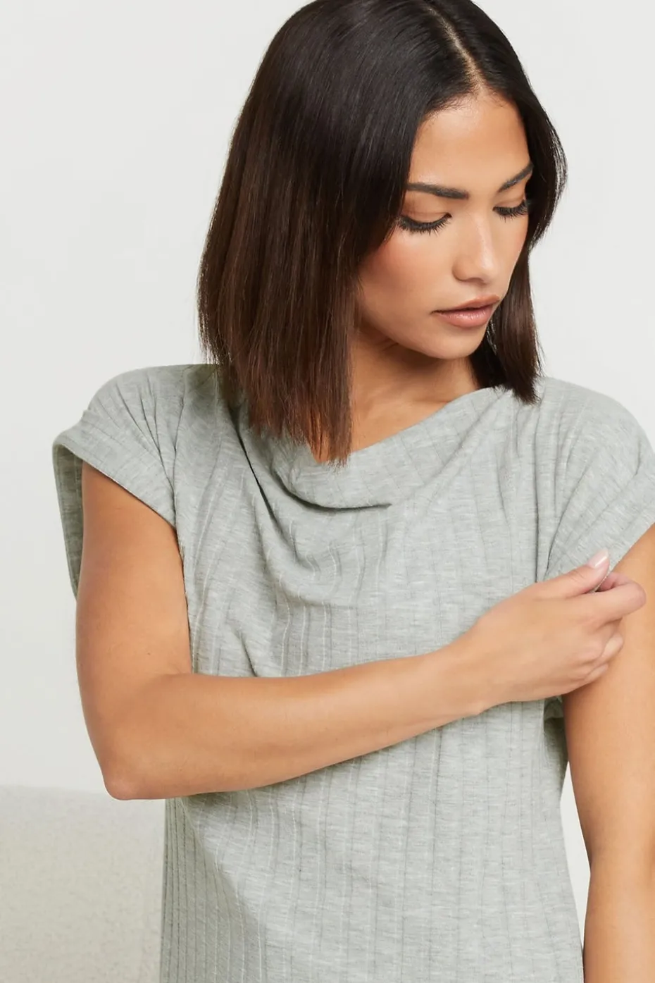 Pixiegirl Petite Grey Ribbed Cowl Neck Top