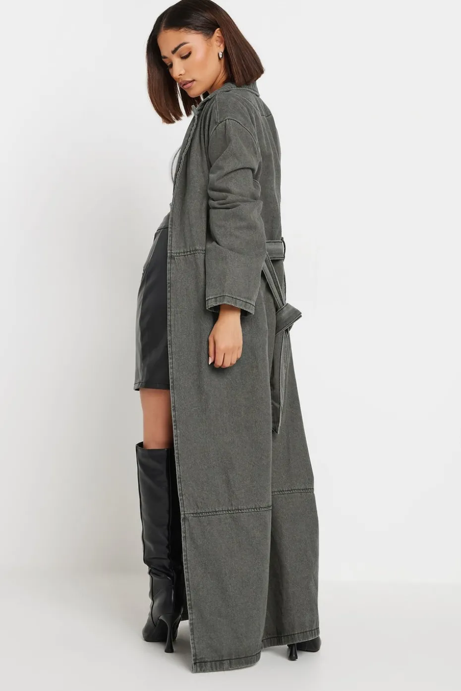 Pixiegirl Petite Grey Wash Denim Longline Trench Coat