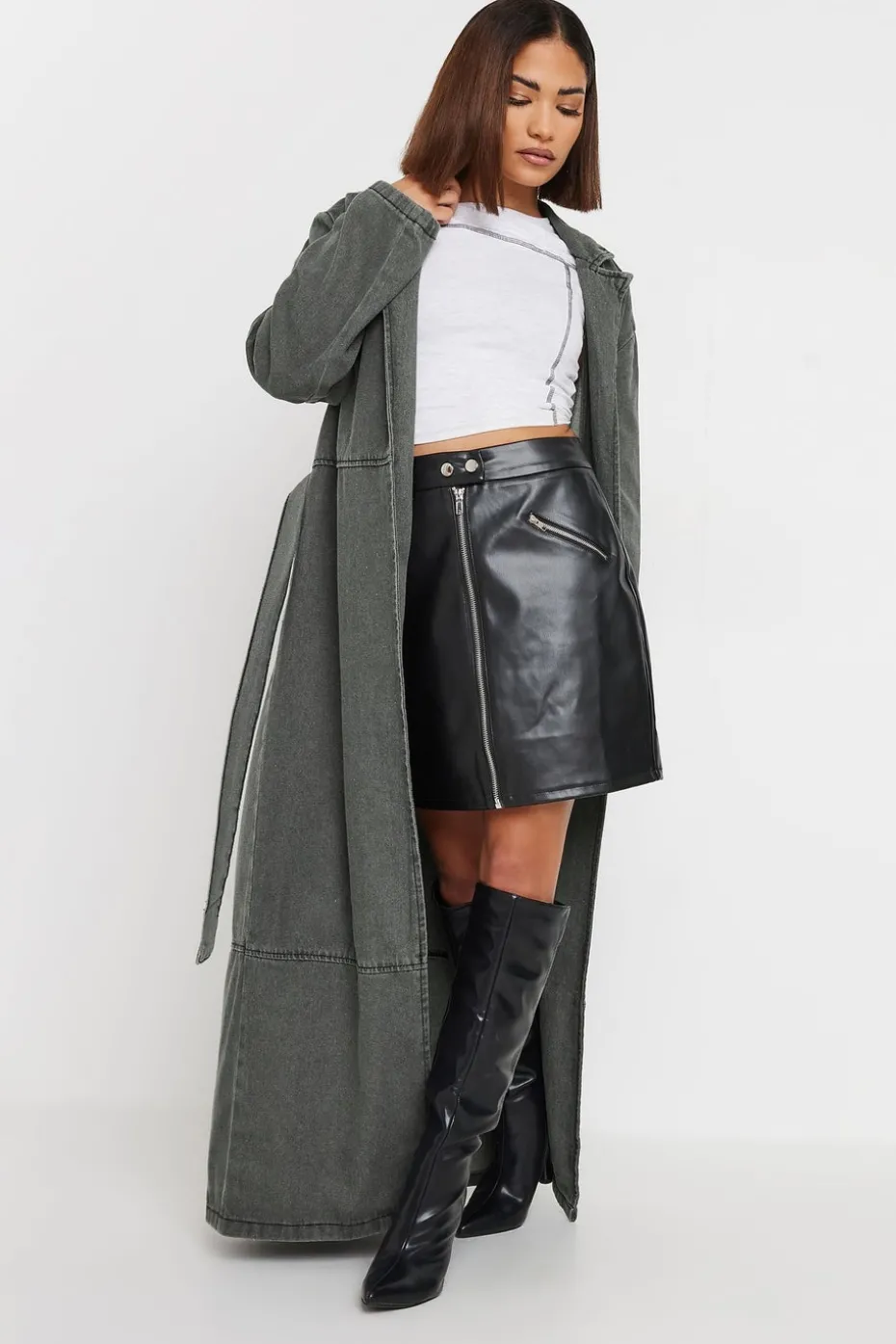 Pixiegirl Petite Grey Wash Denim Longline Trench Coat