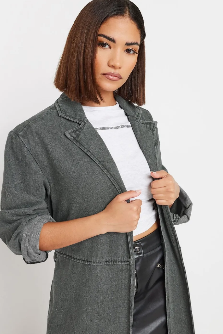 Pixiegirl Petite Grey Wash Denim Longline Trench Coat