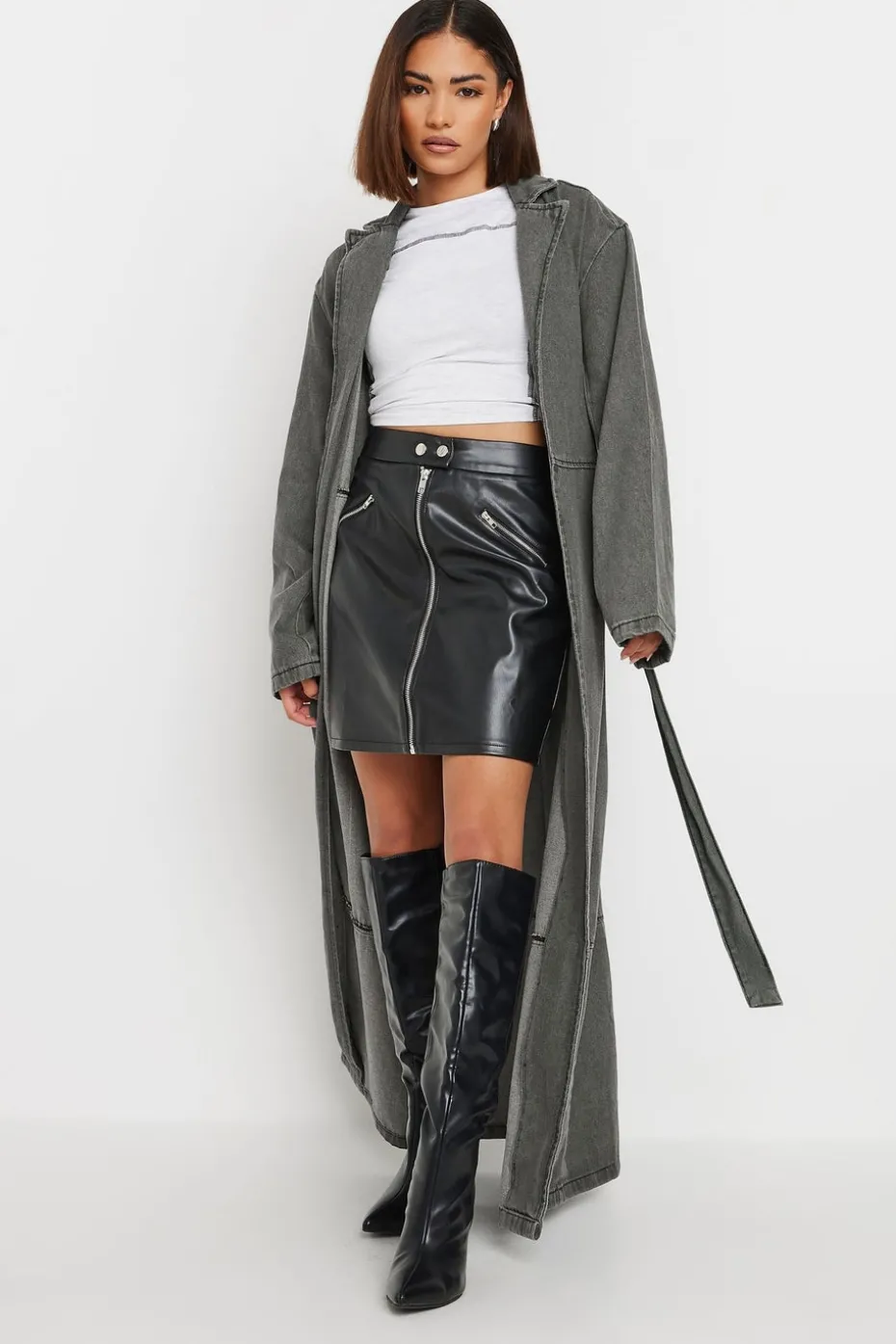 Pixiegirl Petite Grey Wash Denim Longline Trench Coat