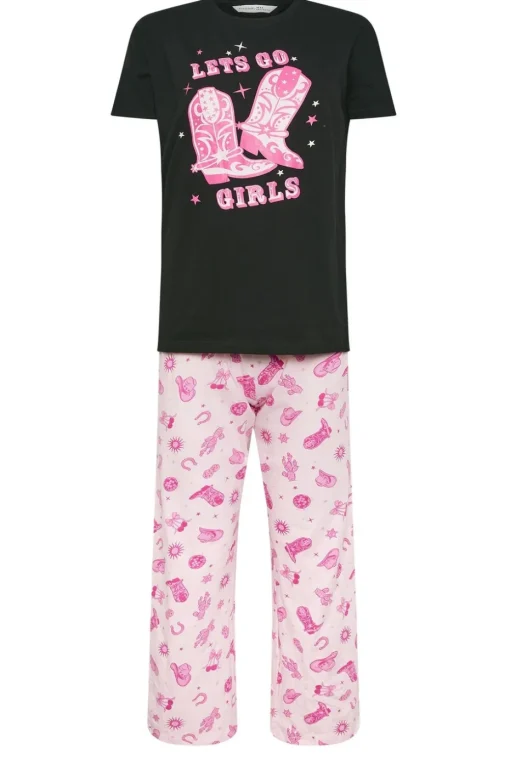 Pixiegirl Petite Hot Pink 'Let's Go Girls' Cowboy Slogan Pyjama Set