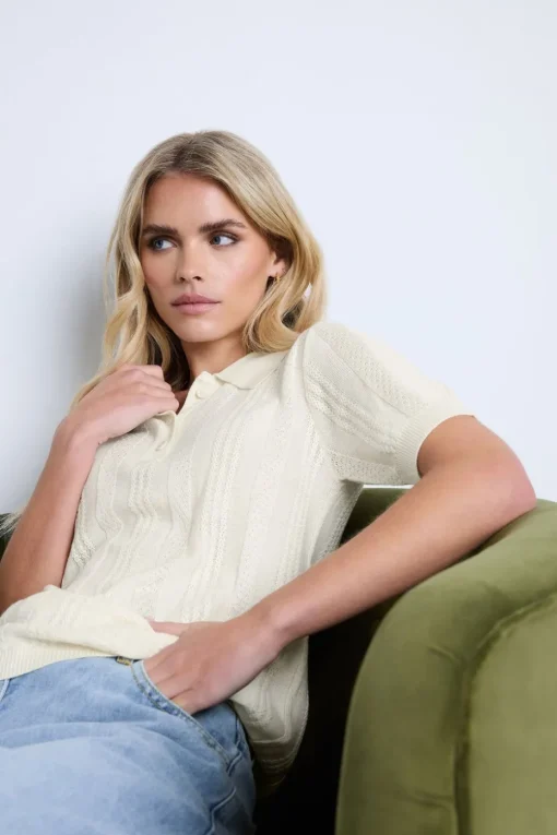 Pixiegirl Petite Ivory White Pointelle Knit Polo Top