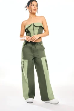 Pixiegirl Petite Khaki Green Colourblock Cargo Trousers
