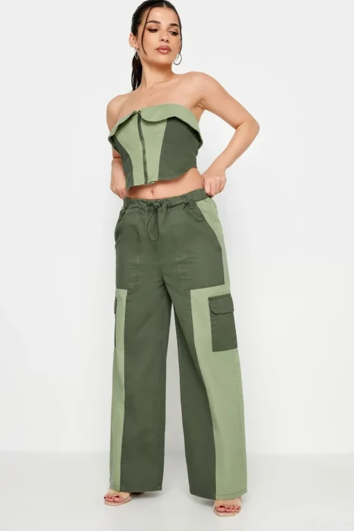 Pixiegirl Petite Khaki Green Colourblock Cargo Trousers