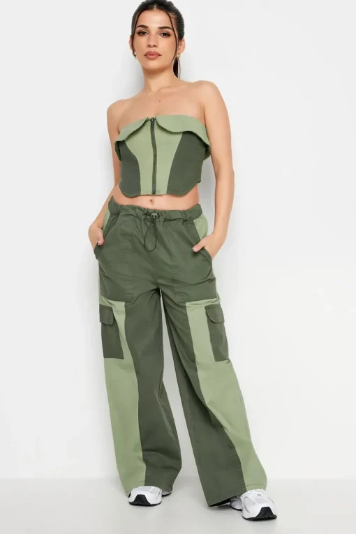 Pixiegirl Petite Khaki Green Colourblock Cargo Trousers