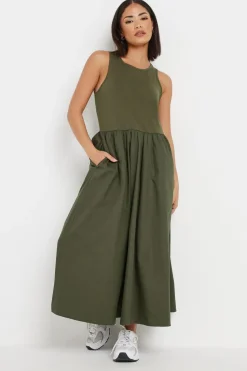 Pixiegirl Petite Khaki Green Jersey & Woven Mix Fabric Midaxi Dress