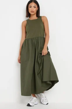 Pixiegirl Petite Khaki Green Jersey & Woven Mix Fabric Midaxi Dress