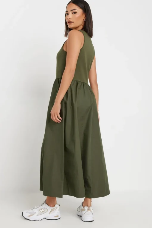 Pixiegirl Petite Khaki Green Jersey & Woven Mix Fabric Midaxi Dress