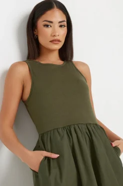 Pixiegirl Petite Khaki Green Jersey & Woven Mix Fabric Midaxi Dress