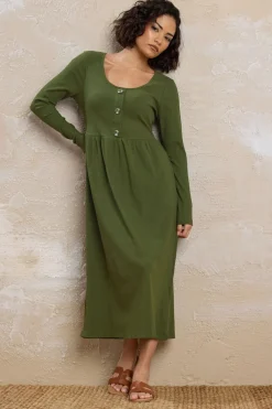 Pixiegirl Petite Khaki Green Ribbed Button Midaxi Dress