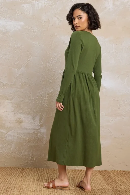 Pixiegirl Petite Khaki Green Ribbed Button Midaxi Dress