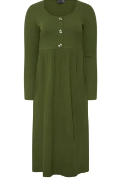 Pixiegirl Petite Khaki Green Ribbed Button Midaxi Dress