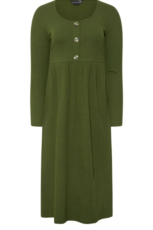 Pixiegirl Petite Khaki Green Ribbed Button Midaxi Dress