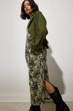 Pixiegirl Petite Khaki Green Abstract Animal Long Sleeve T-Shirt Dress