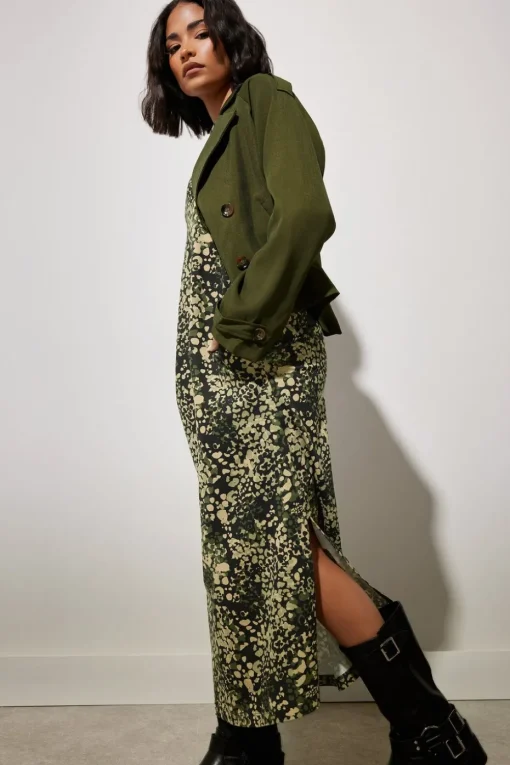 Pixiegirl Petite Khaki Green Abstract Animal Long Sleeve T-Shirt Dress