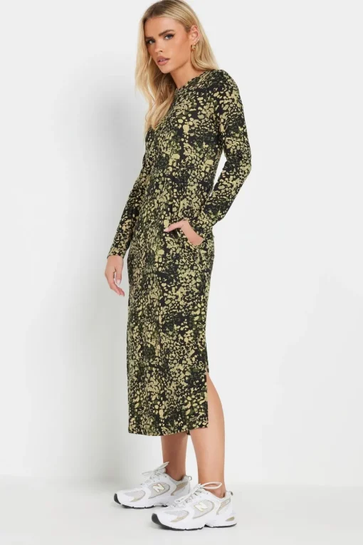 Pixiegirl Petite Khaki Green Abstract Animal Long Sleeve T-Shirt Dress