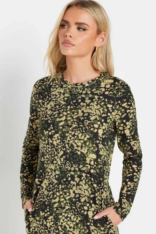 Pixiegirl Petite Khaki Green Abstract Animal Long Sleeve T-Shirt Dress