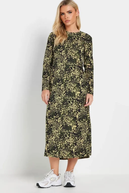 Pixiegirl Petite Khaki Green Abstract Animal Long Sleeve T-Shirt Dress
