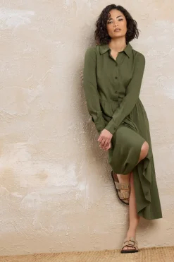 Pixiegirl Petite Khaki Green Sleeved Smock Dress