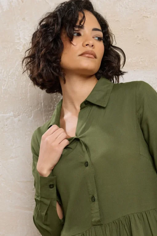 Pixiegirl Petite Khaki Green Sleeved Smock Dress