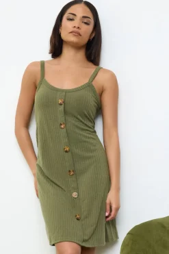 Pixiegirl Petite Khaki Green Button Front Sleeveless Dress