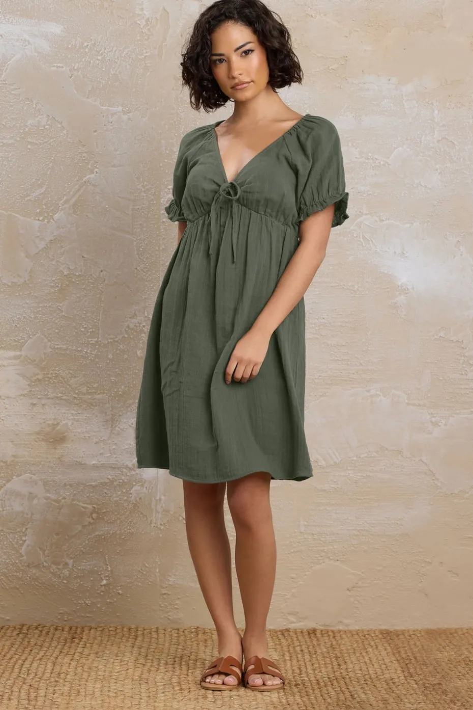 Pixiegirl Petite Khaki Green Tie Front Mini Dress