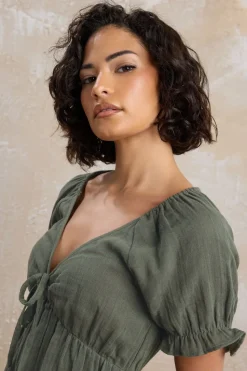 Pixiegirl Petite Khaki Green Tie Front Mini Dress