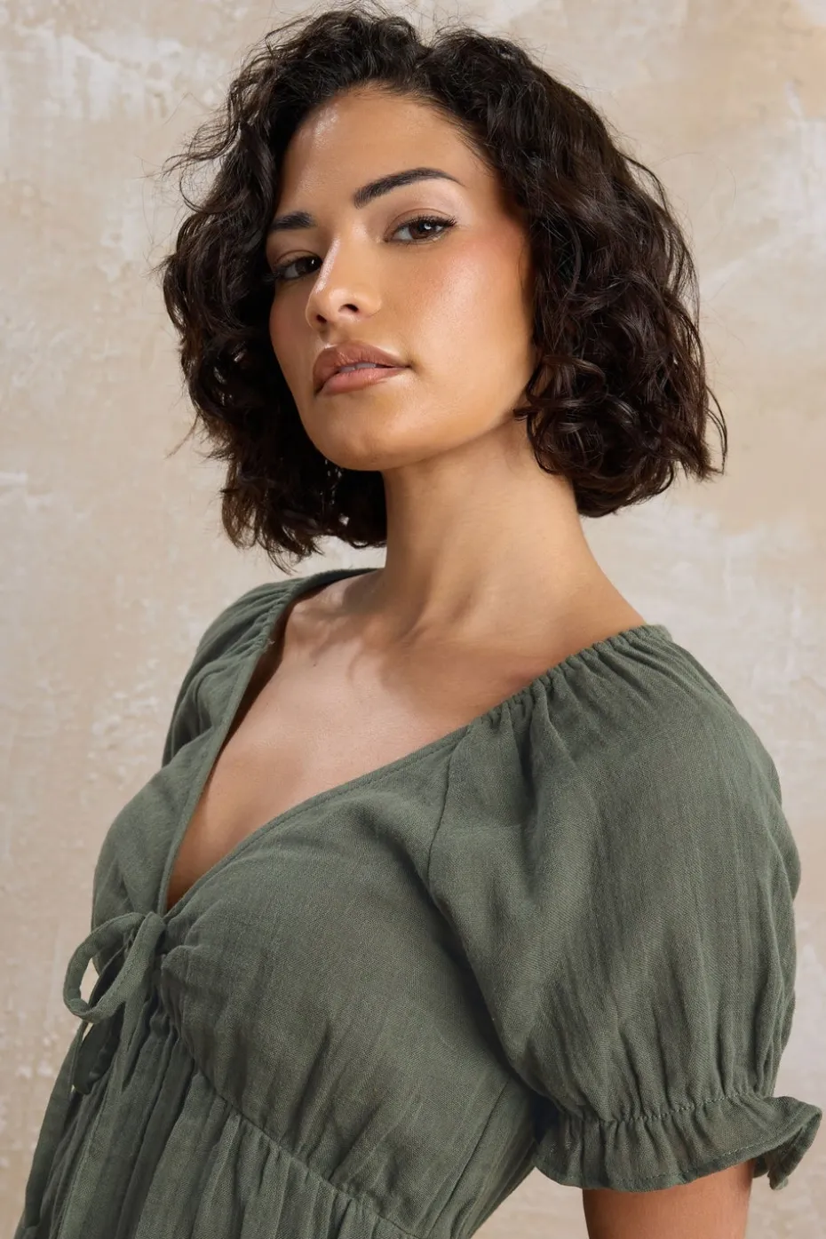 Pixiegirl Petite Khaki Green Tie Front Mini Dress