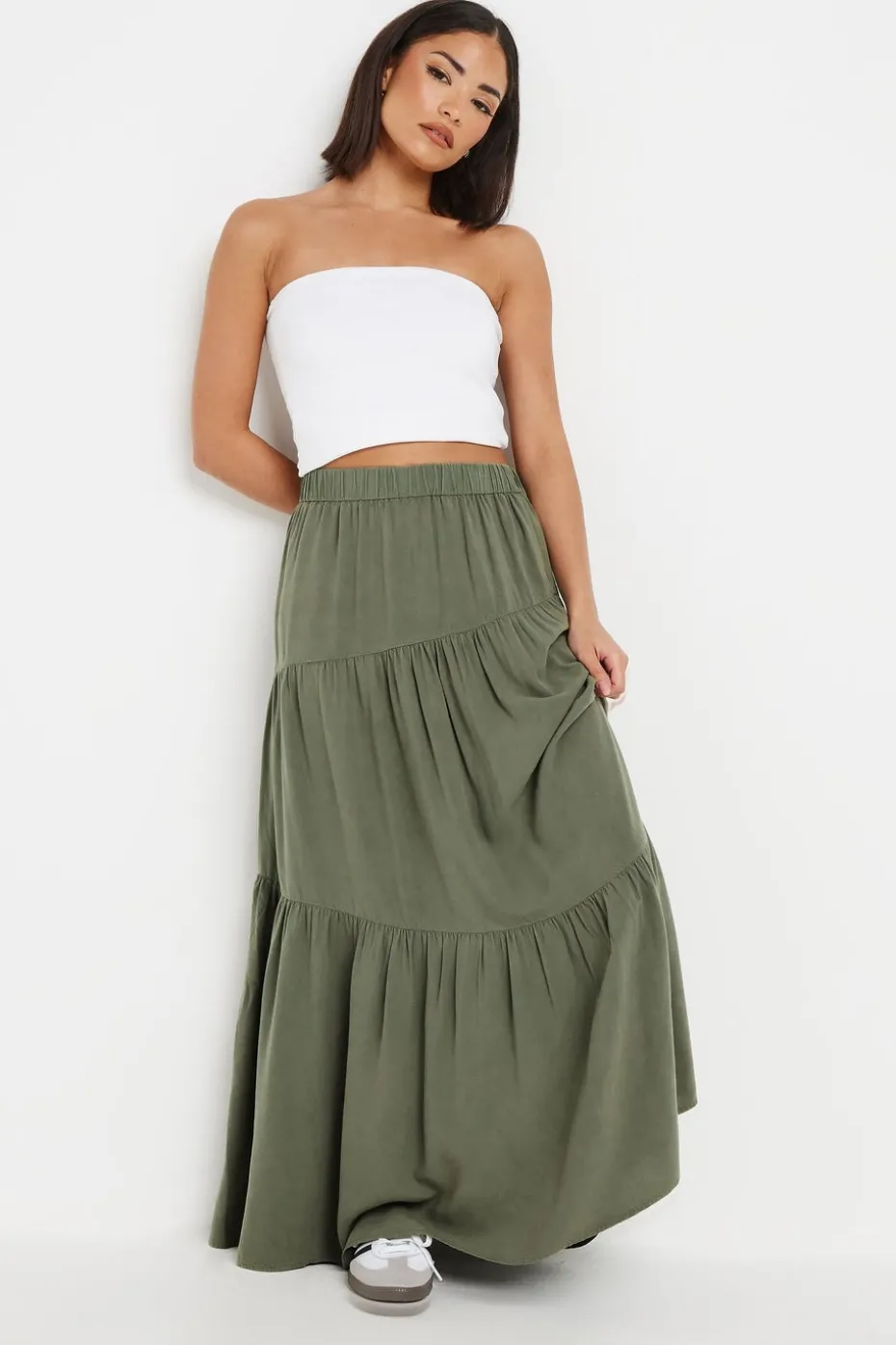 Pixiegirl Petite Khaki Green Asymmetric Tiered Maxi Skirt