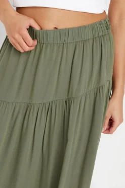 Pixiegirl Petite Khaki Green Asymmetric Tiered Maxi Skirt