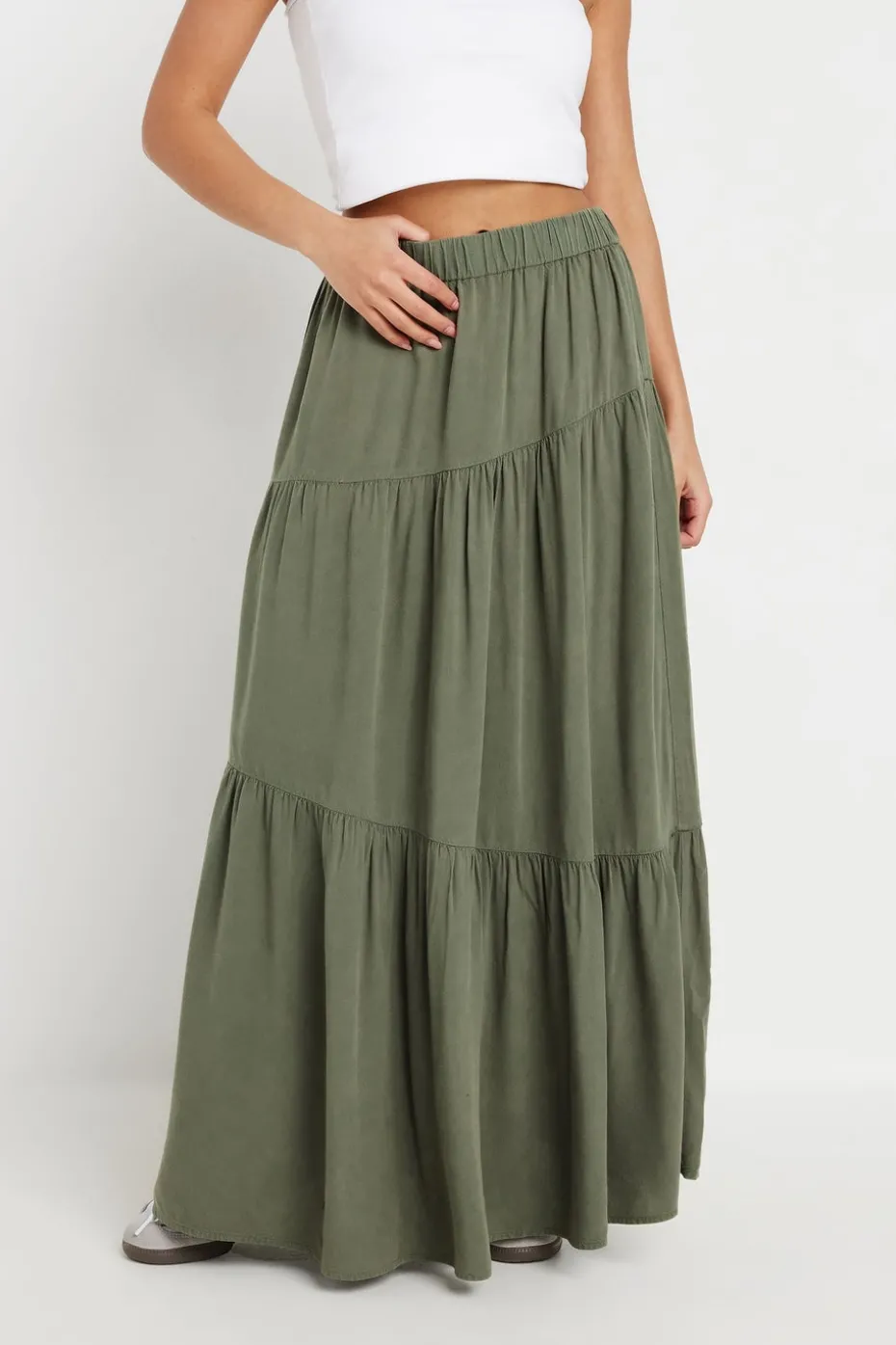 Pixiegirl Petite Khaki Green Asymmetric Tiered Maxi Skirt