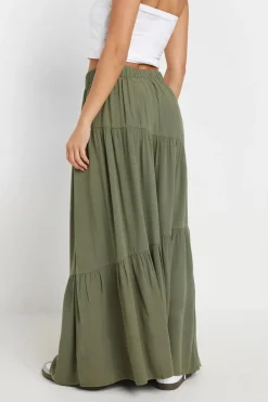 Pixiegirl Petite Khaki Green Asymmetric Tiered Maxi Skirt