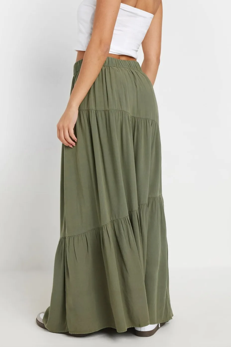 Pixiegirl Petite Khaki Green Asymmetric Tiered Maxi Skirt